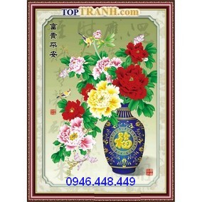 Tranh thêu bình hoa mẫu đơn